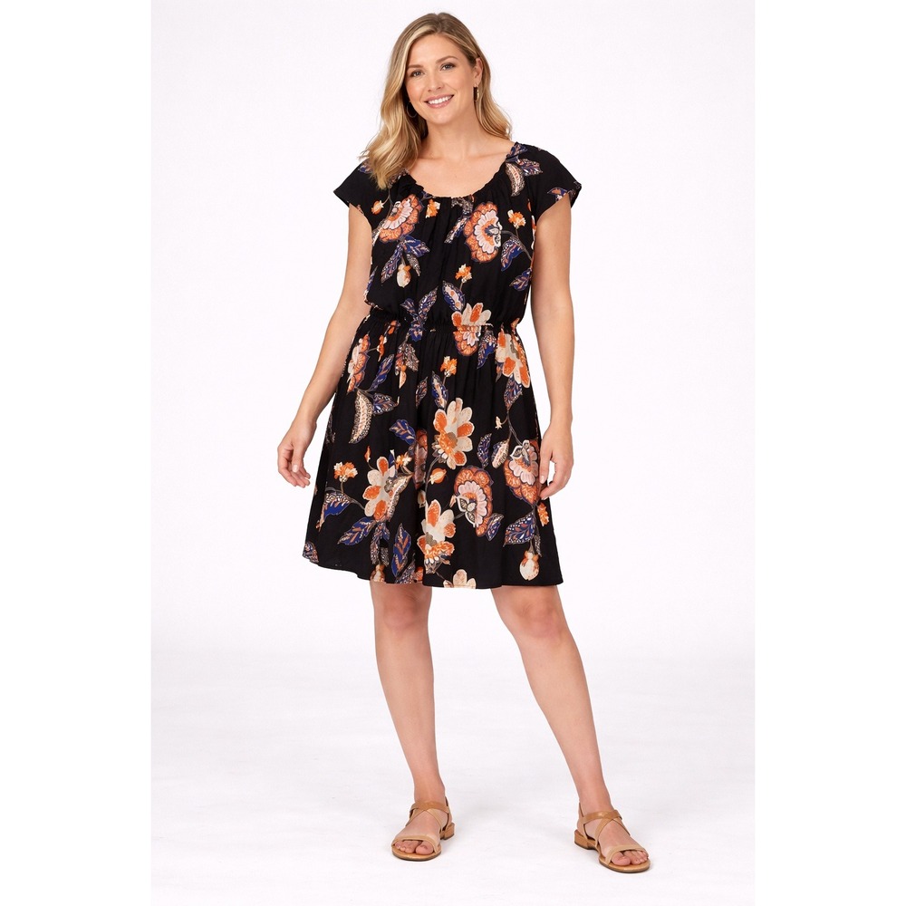 Lauren Conrad  Womens XL Black Floral Mini Dress Elastic Waist Short Sleeve‎